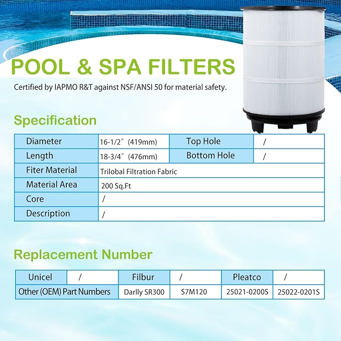 Savener® S7M120 System 3 Inner and Outer Pool Filter, Compatible with 25021-0200S & 25022-0201S, Replacement for Sta-Rite System 3 S7M120-KIT, SR300 Pool Filter Cartridge, 300 Sq. Ft