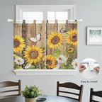 Farmhouse Sunflowers Kitchen Curtains 45 Inch Length, Short Cafe Window Curtains Tab Top, Rustic Floral Buttterfly Wood Board Brown Light Filtering Window Treatments Tier Drapes 27.5"x45" 2 Panel