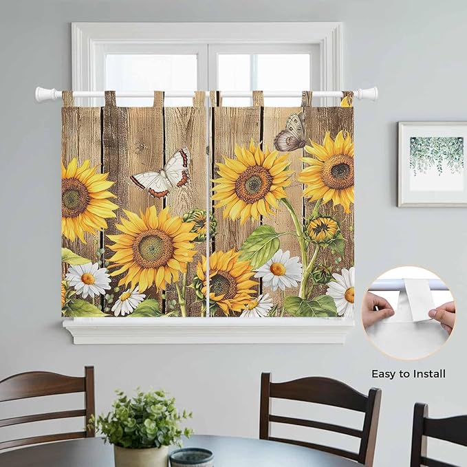 Farmhouse Sunflowers Kitchen Curtains 45 Inch Length, Short Cafe Window Curtains Tab Top, Rustic Floral Buttterfly Wood Board Brown Light Filtering Window Treatments Tier Drapes 27.5"x45" 2 Panel