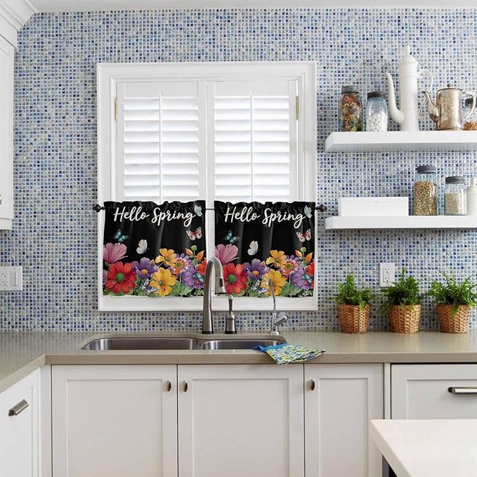 Spring Flowers Half Window Curtains 24 Inches Long, Watercolor Country Colorful Floral Black Window Treatment Curtain Drapes, Short Curtains Tiers for Kitchen Over Sink, 27.5"x24", 2 Panels