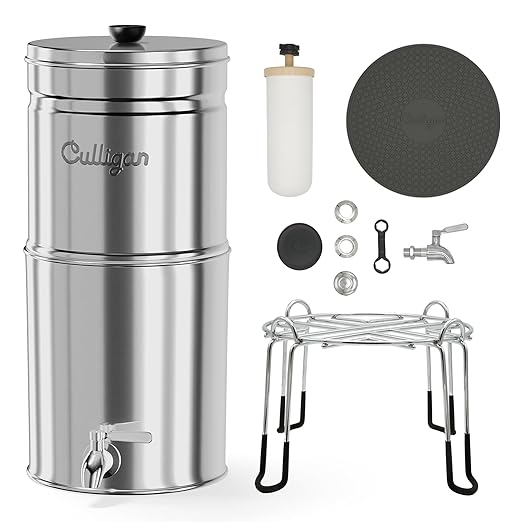 Culligan MaxClear 2.25 Gallon Gravity Water Filter System, Polished Stainless-Steel Countertop Water Filter NSF/ANSI Certified to Reduce Microplastics, Lead & Total PFAS, with 2 Ceramic Filter
