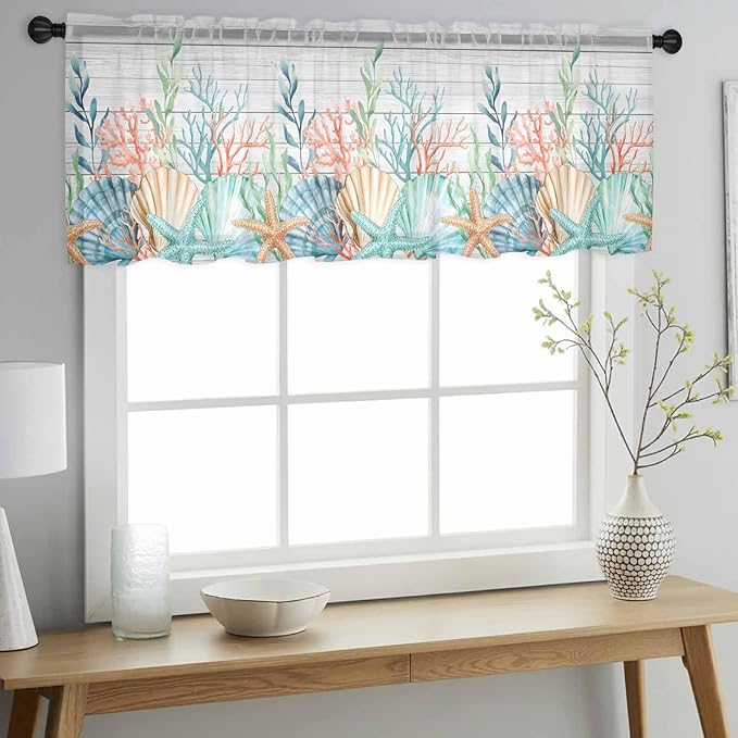 Summer Beach Sheer Valance Curtains, Ocean Colorful Coral Shell Seaweed Starfish Wood Grain Light Filtering Kitchen Valances Rod Pocket Voile Curtain Treatment for Bedroom/Living Room/Basement 42Wx18L