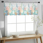 Summer Beach Sheer Valance Curtains, Ocean Colorful Coral Shell Seaweed Starfish Wood Grain Light Filtering Kitchen Valances Rod Pocket Voile Curtain Treatment for Bedroom/Living Room/Basement 42Wx18L