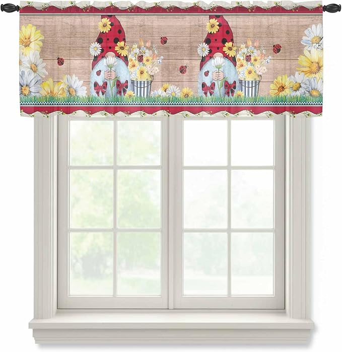 Ladybug Gnome Sheer Valance Curtains, Country Summer Rustic White Yellow Daisy Floral Wood Grain Light Filtering Kitchen Valances Rod Pocket Voile Curtain for Bedroom/Living Room/Basement 54Wx18L