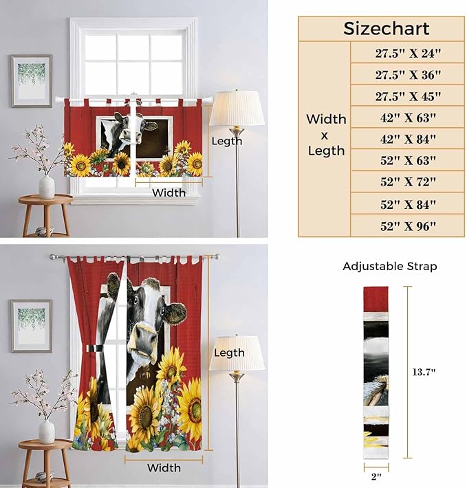 Cows Sunflowers Kitchen Curtains 45 Inch Length, Short Cafe Window Curtains Tab Top, Spring Botanical Floral Bees Red Barn Light Filtering Window Treatments Tier Drapes 27.5"x45" 2 Panel