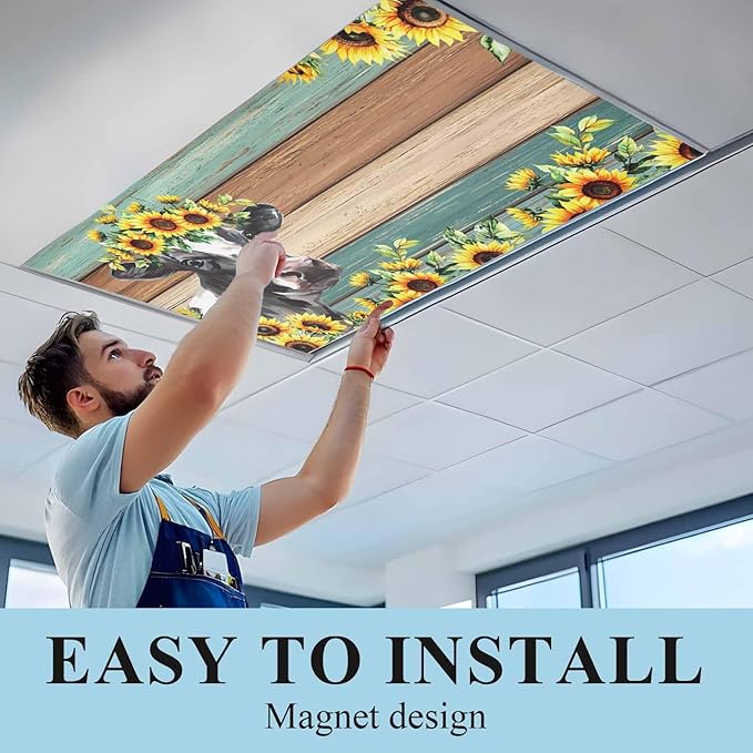 Fluorescent Light Covers Farm Cow Sunflower Magnetic Light Filters Vintage Blue Green Wood Grain Ceiling Light Covers for Classroom Office Home Drop Ceiling Lamp Decor 4 Pieces