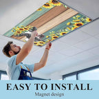 Fluorescent Light Covers Farm Cow Sunflower Magnetic Light Filters Vintage Blue Green Wood Grain Ceiling Light Covers for Classroom Office Home Drop Ceiling Lamp Decor 4 Pieces