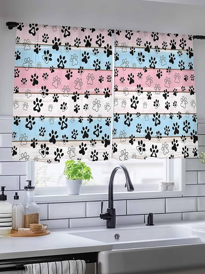 Sheer Curtains 54 Inch Length, Pink Blue Paw Print Semi Sheer Curtains Light Filtering Window Treatment, Vintage Farmhouse Wooden Grain Privacy Voile Drapes for Living Room Bedroom 52x54 Inch