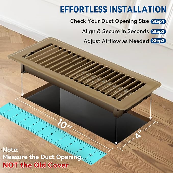 4" x 10" Floor Register Vent Covers 2-Pack, Walkable Powder-Coated Metal Vent Covers with Adjustable Airflow, Curved Safe Edges for Floor/Wall, Brown
