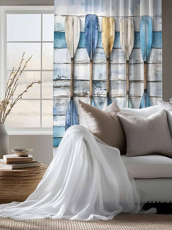 Sheer Curtains 63 Inch Length, Lake Paddle Striped Semi Sheer Curtains Light Filtering Window Treatment, Watercolor Vintage Wood Grain Privacy Voile Drapes for Living Room Bedroom 52x63 Inch