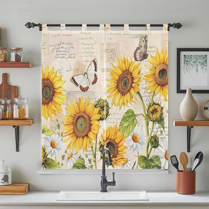 Yellow Sunflowers Bathroom Curtains 63 Inch Length, Window Curtains Tab Top, Country Farm Butterfly Flower Light Beige Light Filtering Window Treatments Drapes 52"x63" 2 Panel