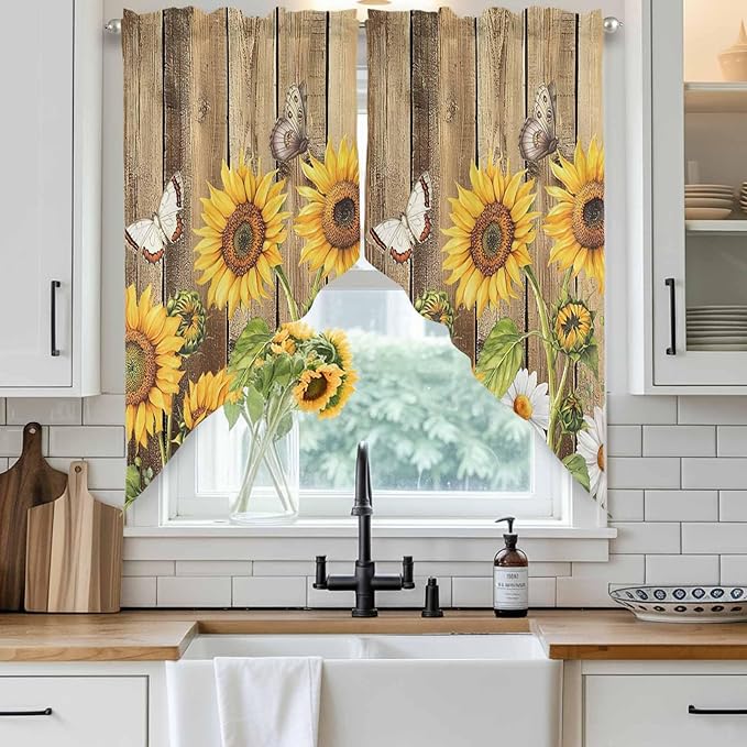 Farmhouse Sunflowers Swag Valances for Windows, Rustic Floral Buttterfly Wood Board Brown Rod Pocket Kitchen Curtains Valance, Small Window Curtains Swag for Cafe Living Room, 2 Panels, 28x36 inch