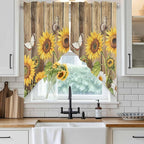 Farmhouse Sunflowers Swag Valances for Windows, Rustic Floral Buttterfly Wood Board Brown Rod Pocket Kitchen Curtains Valance, Small Window Curtains Swag for Cafe Living Room, 2 Panels, 36x36 inch