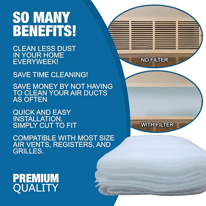 Air Vent Filters Kit, 120"X 10" Cut to Fit Vent Filters for Home and Business. Electrostatically Charged Air Filter Material & 1/2 Adhesive Coins Engineered for use in HVAC, AC & Heating.