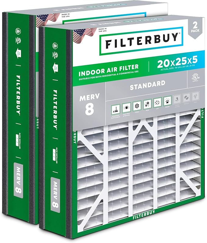 Filterbuy 20x25x5 Air Filter MERV 8 Essential Dust & Allergy Defense (2-Pack), Pleated HVAC AC Furnace Filters for Trion Air Bear, Generalaire, Skuttle, and More (Actual Size: 19.63 x 24.13 x 4.88)