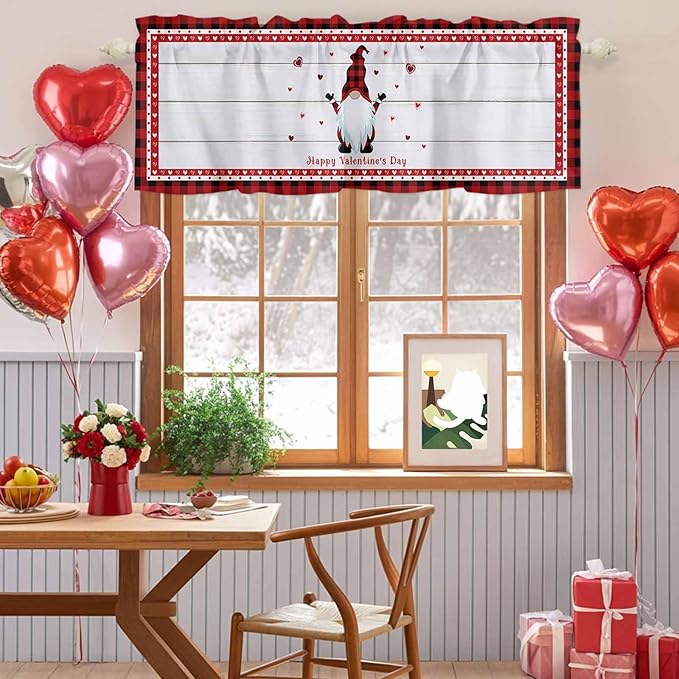 Valentine's Day Valance Curtains for Kitchen, Gnome Red Love Plaid Wood Grain Privacy Rod Pocket Valance Curtain, Light-Filtering Window Treatment for Bedroom Bathroom, 42"x18"