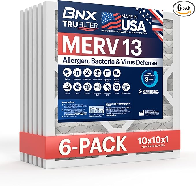 BNX TruFilter 10x10x1 Air Filter MERV 13 (6-Pack) - MADE IN USA - Electrostatic Pleated Air Conditioner HVAC AC Furnace Filters for Allergies, Pollen, Mold, Bacteria, Smoke, Allergen, MPR 1900 FPR 10