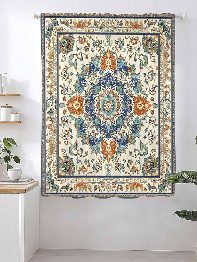 Sheer Curtains 63 Inch Length, Southwest Farmhouse Semi Sheer Curtains Light Filtering Window Treatment, Orange Blue Desert Bohemian Privacy Voile Drapes for Living Room Bedroom 52x63 Inch