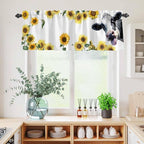 Kitchen Curtains Tiers and Valance Set of 3, Cow Sunflowers Light Filtering Window Curtain Set, Spring Botanical Floral Flowers Animals Rod Pocket Curtain Drapes for Cafe, Living Room, 36 Inches Tiers