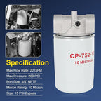 10 Micron Hydraulic Oil Filter Assembly, Spin-On Design, Return Line Filter with Indicator Port, 20 GPM Flow Rate, 200 PSI, 3/4" NPTF Port, Replace# 221006