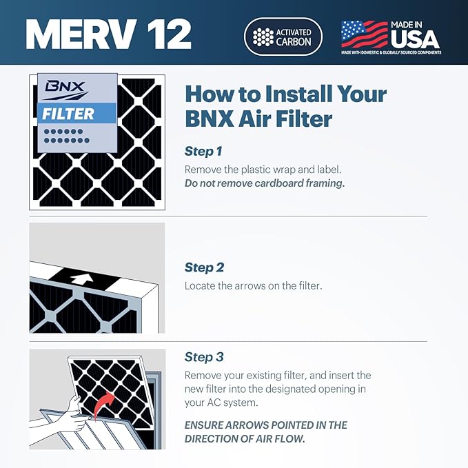 BNX TruFilter 18x24x1 MERV 12 Odor Defense (6-Pack) AC Furnace Air Filter with Activated Carbon - MADE IN USA - Pleated Air Conditioner HVAC AC Furnace Filters - Removes Odor, Mold, Bacteria, Smoke