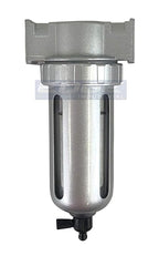 MID FLOW PARTICULATE FILTER/WATER TRAP FOR AIR COMPRESSOR COMPRESSED AIR LINES, 5u WITH POLY BOWL AND METAL BOWL GUARD (1/4" NPT)