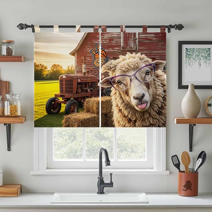 Farm Sheep Bedroom Curtains 63 Inch Length, Window Curtains Tab Top, Farmhouse Barn Funny Animals Butterfly Light Filtering Window Treatments Drapes 42"x63" 2 Panel