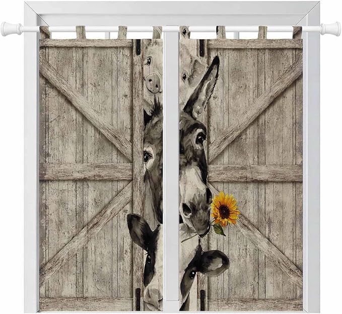 Funny Farm Animals Bathroom Curtains 63 Inch Length, Window Curtains Tab Top, Vintage Barn Brown Sunflowers Light Filtering Window Treatments Drapes 52"x63" 2 Panel