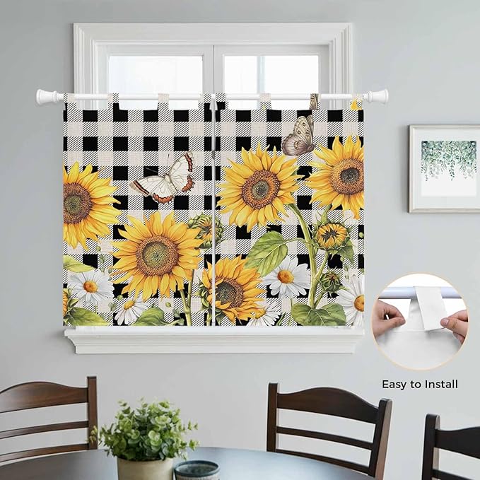 Sunflowers Kitchen Curtains 45 Inch Length, Short Cafe Window Curtains Tab Top, Yellow Flowers Butterfly Farmhouse Black Plaid Light Filtering Window Treatments Tier Drapes 27.5"x45" 2 Panel
