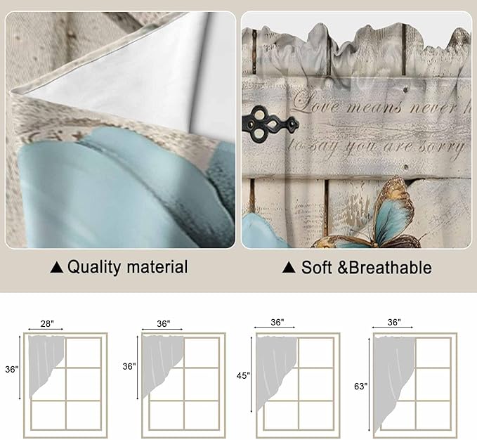 Teal Blue Tulips Swag Valances for Windows, Spring Floral Barn Doors Vintage Wood Beige Rod Pocket Kitchen Curtains Valance, Kitchen Window Curtains Swag for Cafe Living Room, 2 Panels, 36x45 inch