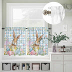 Kitchen Curtains Tiers and Valance Set of 3, Easter Light Filtering Window Curtain Set, Spring Rabbit Eggs Seasonal Flowers Blue Lattice Rod Pocket Curtain Drapes for Living Room, 24 Inches Tiers