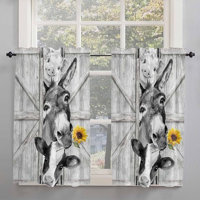 Grey Farmhouse Tier Curtains 45 Inches Long, Vintage Sunflowers Animals Printed Window Treatment Curtain Drapes, Window Half Privacy Curtains for Bedroom Bathroom, 42"x45", 2 Panels