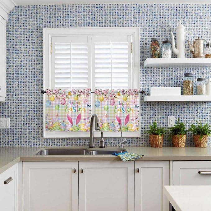 Happy Easter Half Window Curtain 36 Inches Long, Spring Bunny Colorful Eggs Flower Plaid Window Treatment Curtain Drapes, Small Tier Curtains for Bathroom Over Sink, 27.5"x36", 2 Panels