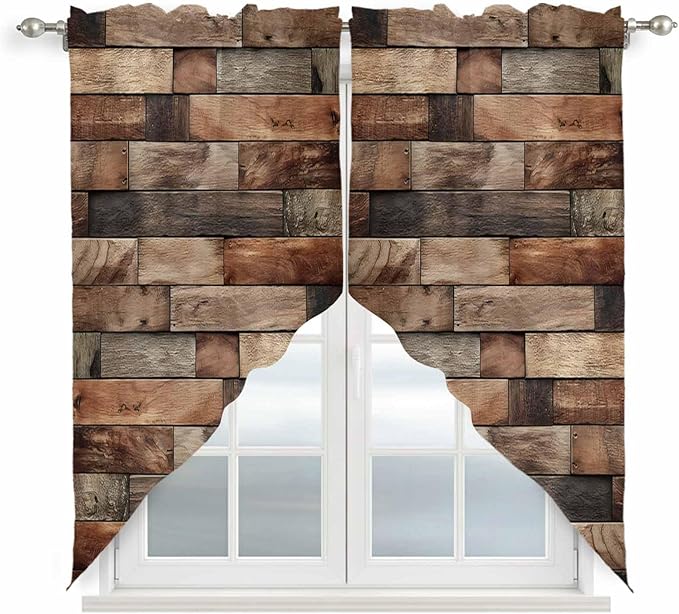 Western Barn Door Swag Valances for Windows, Vintage Farmhouses Wooden Door Brown Rod Pocket Kitchen Curtains Valance, Kitchen Window Curtains Swag for Cafe Bathroom Living Room, 2 Panels, 36x63 inch