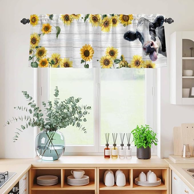 Kitchen Curtains Tiers and Valance Set of 3, Cow Sunflowers Light Filtering Window Curtain Set, Farmhouse Animals Plants Wooden Grain Rod Pocket Curtain Drapes for Cafe, Living Room, 24 Inches Tiers