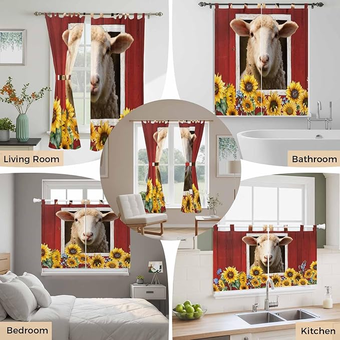 Sheep Sunflower Bedroom Curtains 72 Inch Length, Window Curtains Tab Top, Country Red Farm Barn Spring Flowers Light Filtering Window Treatments Drapes 52"x72" 2 Panel