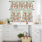 Easter Kitchen Curtains Set 3 Piece for Windows, Rod Pocket Valance and Tier Set 36 Inch Length, Spring Rabbit Eggs Flower Butterfly Green Plaid Light Filtering Cafe Curtains for Living Room Bathroom