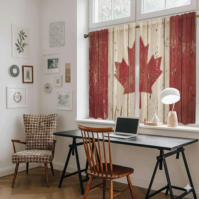 Canada Kitchen Curtains, Red Maple Leaf Flag Vintage Farmhouse Wooden Grain Light Filtering Window Curtain Panels, 2Pcs Rod Pocket Window Treatments Set for Study Room Bathroom Bedroom 52x54 Inches