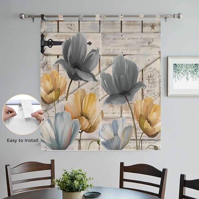 Spring Tulips Flower Living Room Curtains 84 Inch Length, Window Curtains Tab Top, Vintage Floral Barn Doors Rustic Beige Light Filtering Window Treatments Drapes 42"x84" 2 Panel
