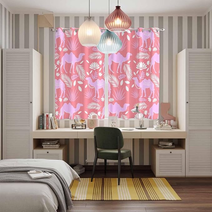 2 Panel Kitchen Cafe Curtains, Desert Camel Sunlight Filtering Nature Air Through, Home Decor Window Covering Tier Curtains for Living Room 80W x 63L inch Vintage Sand Camel Leaves Flower Pattern Pink