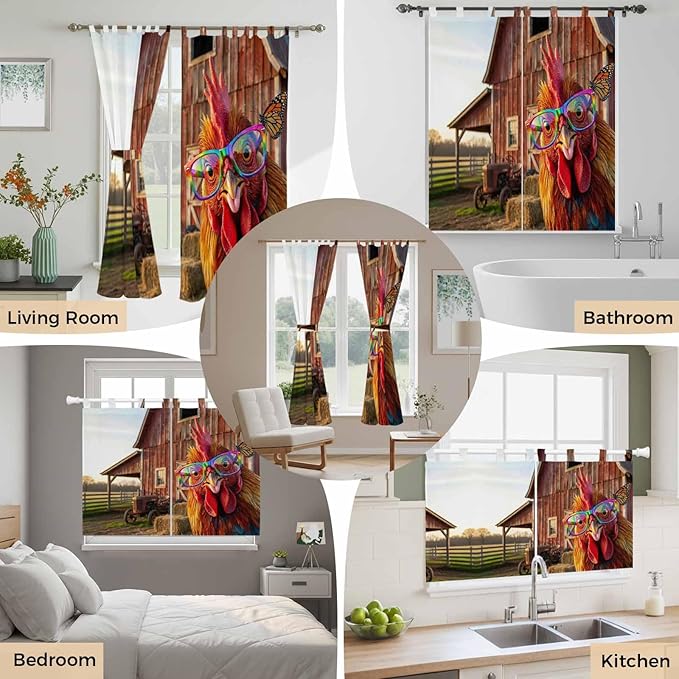 Farm Rooster Kitchen Curtains 24 Inch Length, Small Window Curtains Tab Top, Farmhouse Barn Funny Animals Butterfly Light Filtering Short Window Treatments Tier Drapes 27.5"x24" 2 Panel