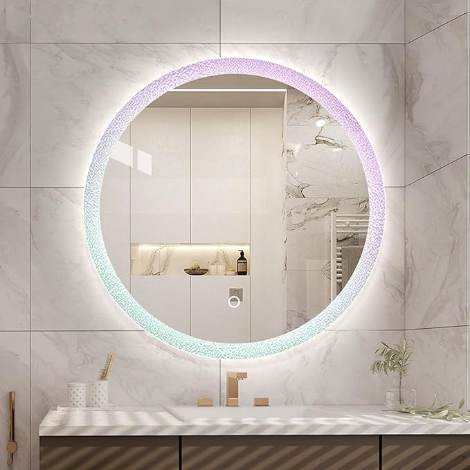 Round LED Bathroom Mirror, Wall Mounted Mirror with Demister Pad 3 Dimmable Color, Backlit Makeup Mirror, for Bathroom, Vanity, Bedroom(90cm/35.4in)