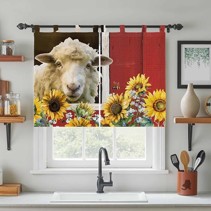 Sheep Flowers Kitchen Curtains 45 Inch Length, Short Cafe Window Curtains Tab Top, Country Red Barn Botanical Sunflowers Light Filtering Window Treatments Tier Drapes 27.5"x45" 2 Panel