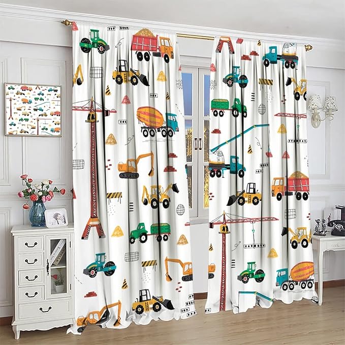 Construction Window Curtains, Kids Cartoon Construction Machines Building Hand Drawn Doodle Rod Pocket Decorative Windows Curtain for Children Teens Room Decor 55x63in (30% Blackout)