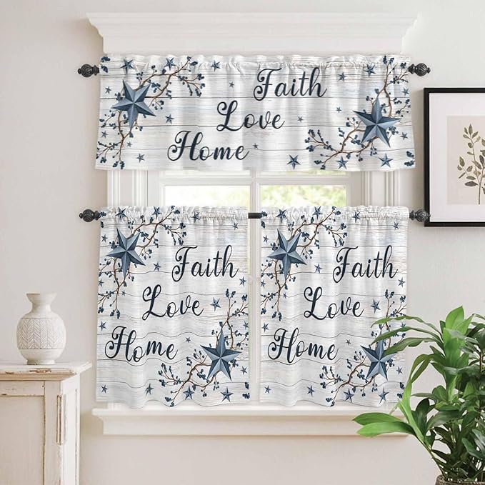 Farmhouse Kitchen Curtains Set 3 Piece for Windows,Rod Pocket Valance and Tier Set 36 Inch Length,Blue Country Texas Star Vintage Berries Wooden Light Filtering Cafe Curtains for Living Room