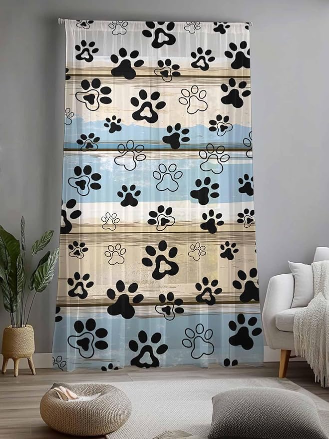 Sheer Curtains 96 Inches Long, Blue Dog Paw Print Semi Sheer Curtains Light Filtering Window Treatment, Vintage Farmhouse Rustic Wooden Grain Privacy Voile Drapes for Living Room Bedroom 52x96 Inch
