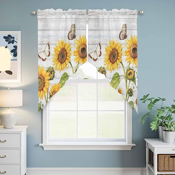 Yellow Sunflowers Swag Valances for Windows, Vintage Country Flowers Butterfly Wood Board Rod Pocket Kitchen Curtains Valance, Small Window Curtains Swag for Cafe Living Room, 2 Panels, 28x36 inch
