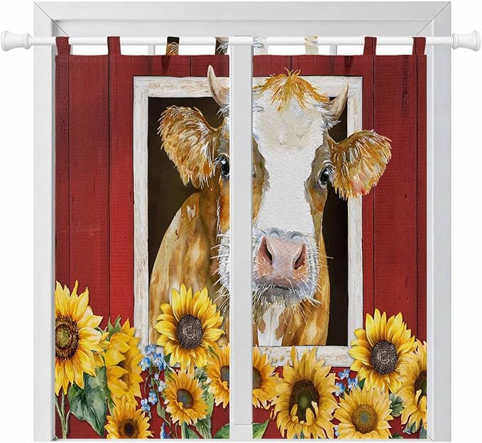 Cows Sunflowers Bedroom Curtains 72 Inch Length, Window Curtains Tab Top, Spring Floral Bees Farmhouse Barn Light Filtering Window Treatments Drapes 52"x72" 2 Panel