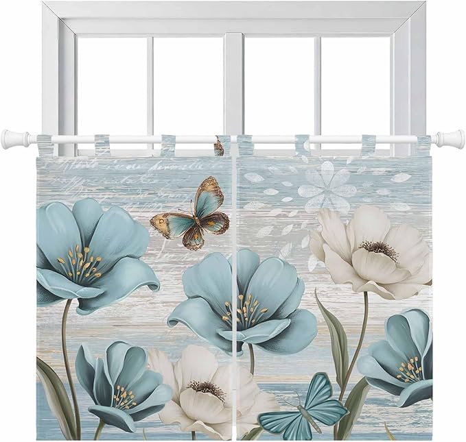 Spring Floral Kitchen Curtains 45 Inch Length, Short Cafe Window Curtains Tab Top, Vintage Tulips Flower Butterfly Retro Wood Blue Light Filtering Window Treatments Tier Drapes 27.5"x45" 2 Panel