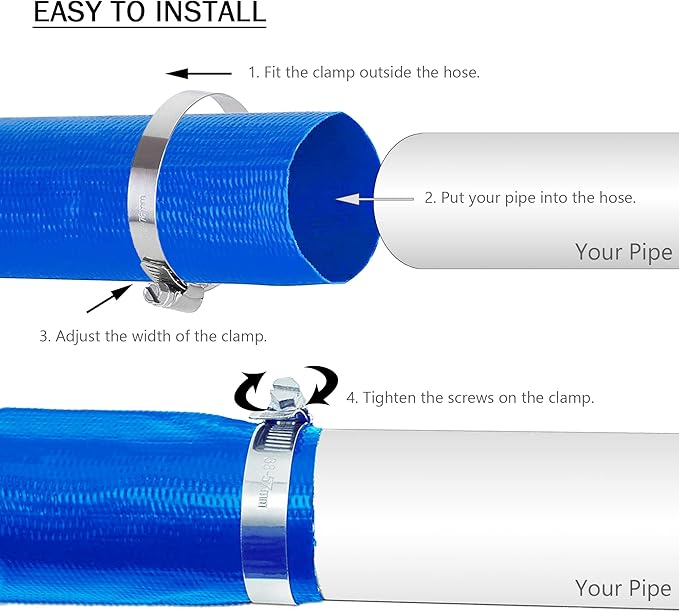 DAVCO 2" x 50 ft Pool Backwash Hose, Heavy Duty Reinforced Blue PVC Lay Flat Water Discharge Pump Hoses For Swimming Drain Pools and Clean Filters,with 1 Clamp